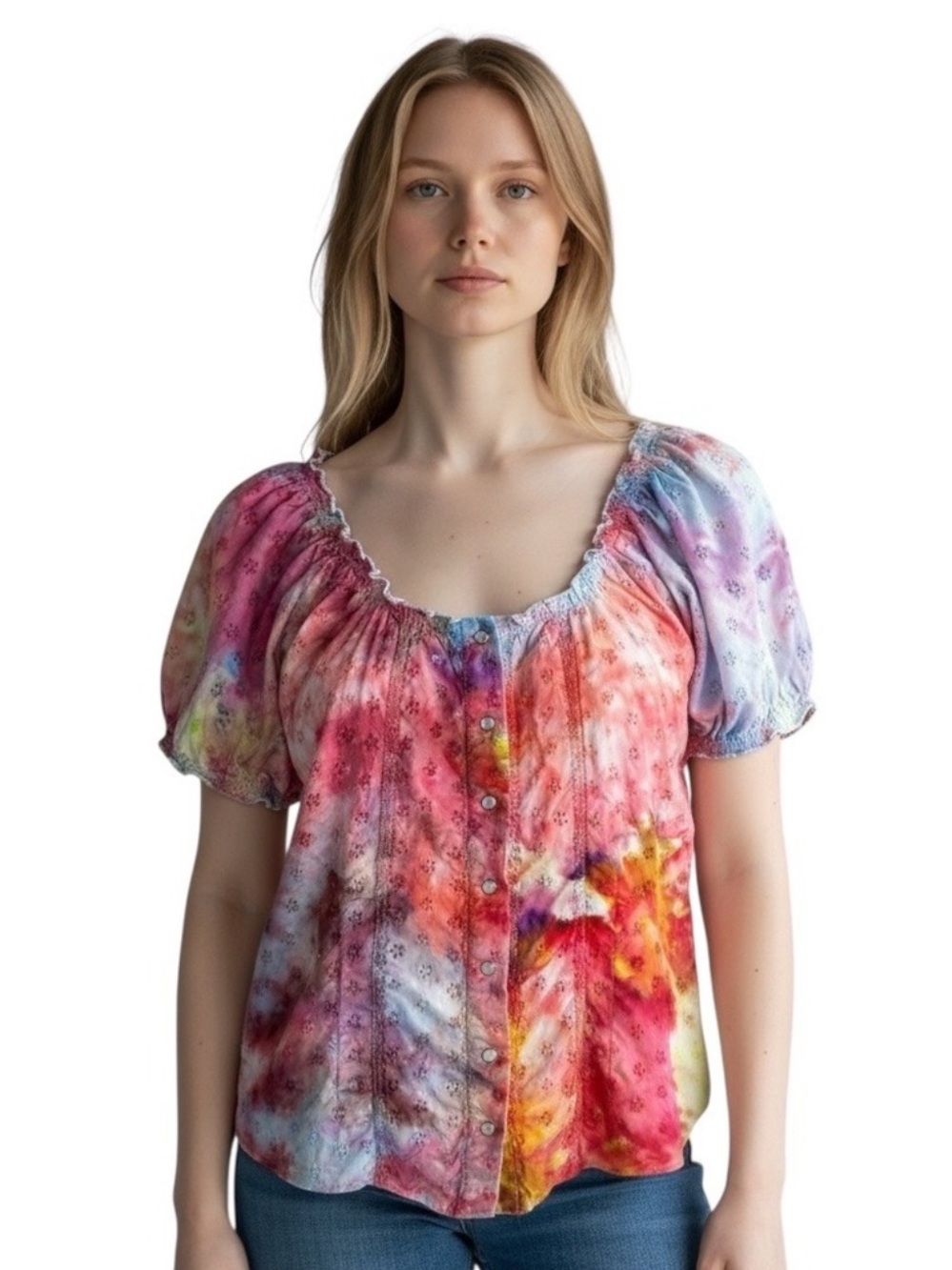 Denim&Co Multicolor Tie-Dye Puff Sleeve Button Front Blouse
